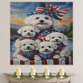 Bichon Frise Mother and Four Puppies Dressed in Patriotic Outfits with Flag Hat and Sunset Lake Background on Ready to Hang 1.5" Thick Canvas Wrap, Floating Framed Canvas, Flat Rolled Canvas